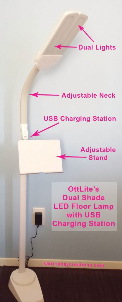 Today, I’m reviewing the OttLite Dual Shade LED Floor Lamp with USB Charging Station. I believe this floor lamp is the perfect addition to your sewing room. The lighting is excellent and adjustable and the adjustable stand is an added bonus. It’s provides a place for your smart phone or tablet to view video tutorials as you sew. Also, you never have to worry about your sewing project being interrupted because of a low battery on your device. The floor lamp has its own charging USB charging station.