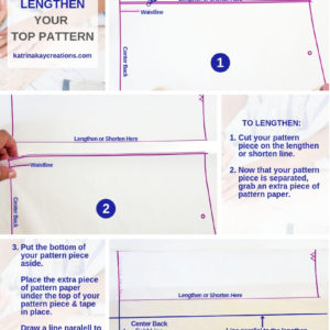Lengthen or shorten pattern alterations are some of the easiest to do. They should also be the first alteration you do, before you make any changes to the width of your pattern. Lengthen/shorten lines are the best place to change the length of your pattern.